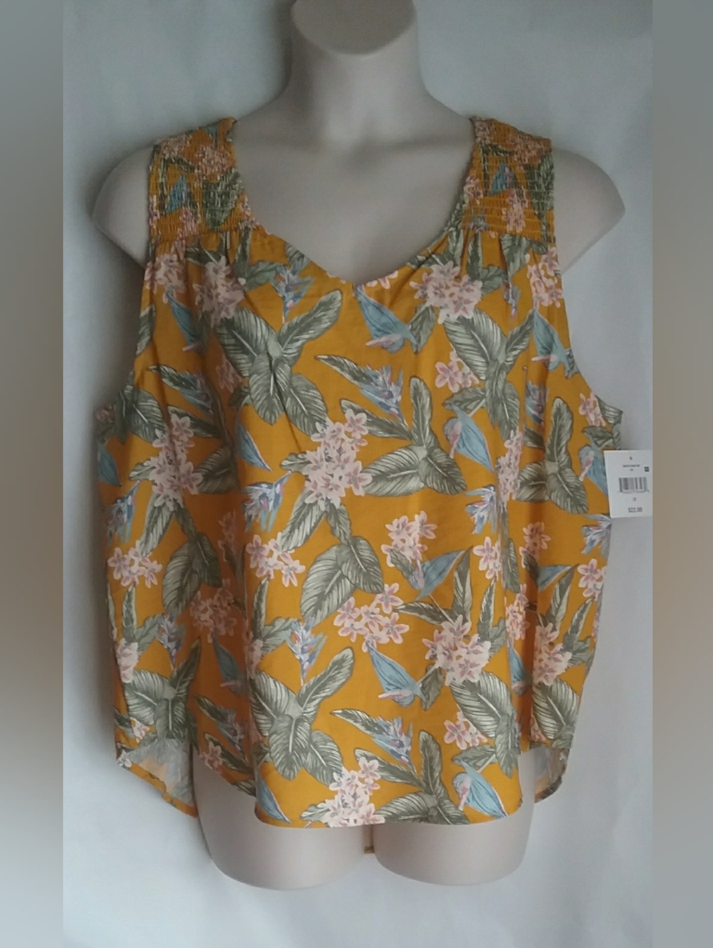 Falls Creek Mustard Floral Sleeveless Smocked Yoke Camisole Sz 1X